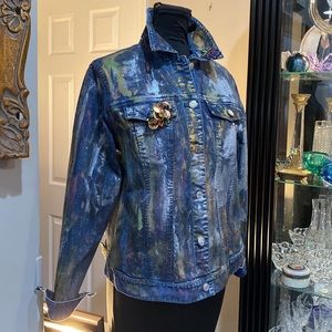 Jean Jacket Painted & w Native American Thunderbird Southwest Appliqué Small